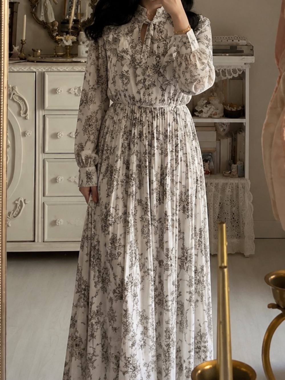 SHEIN Cream Maxi Dress with Gray Floral Print